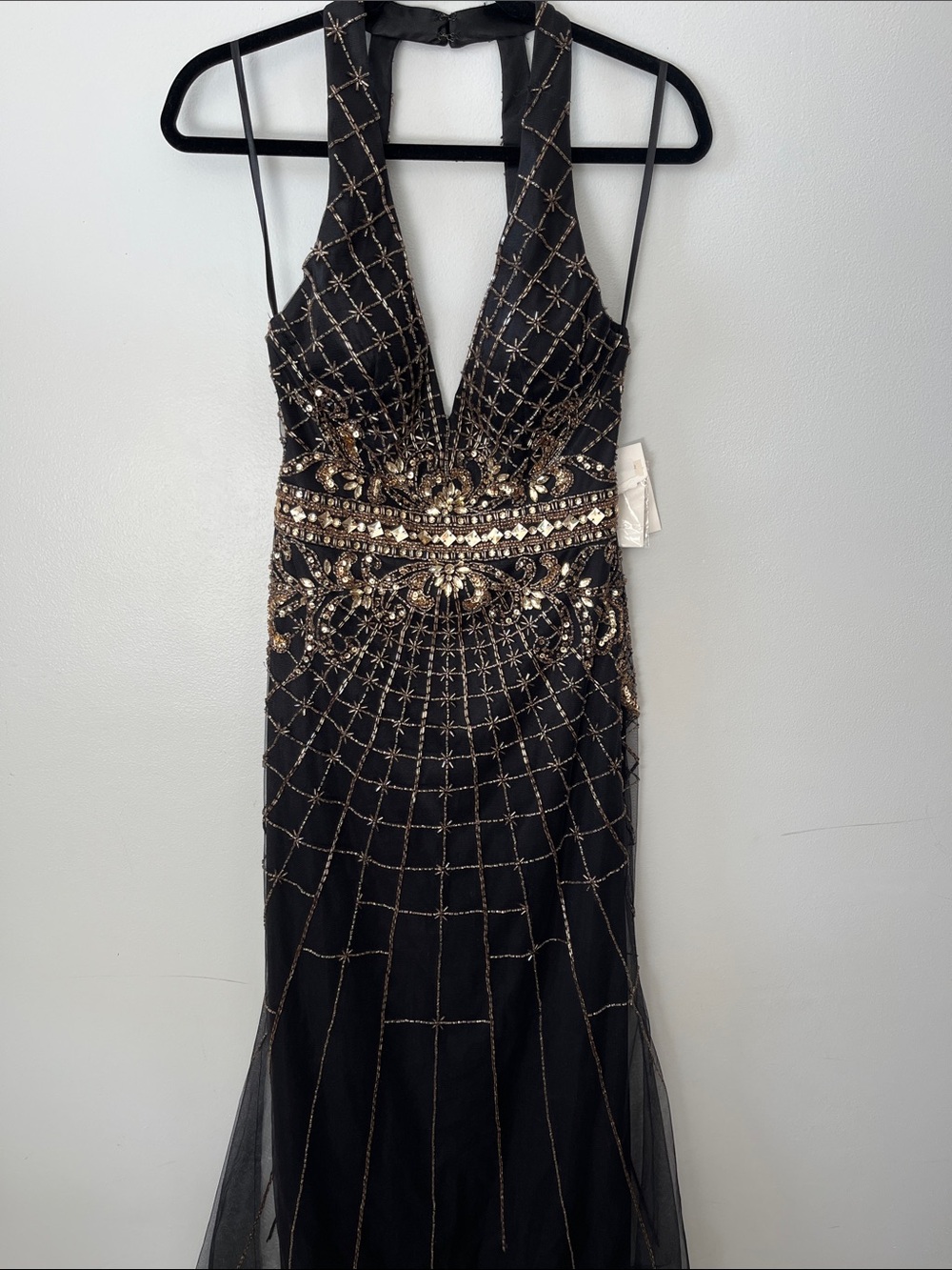 ALYCE 60522 DRESS Alyce Paris black gold beaded vneck open back maxi dress